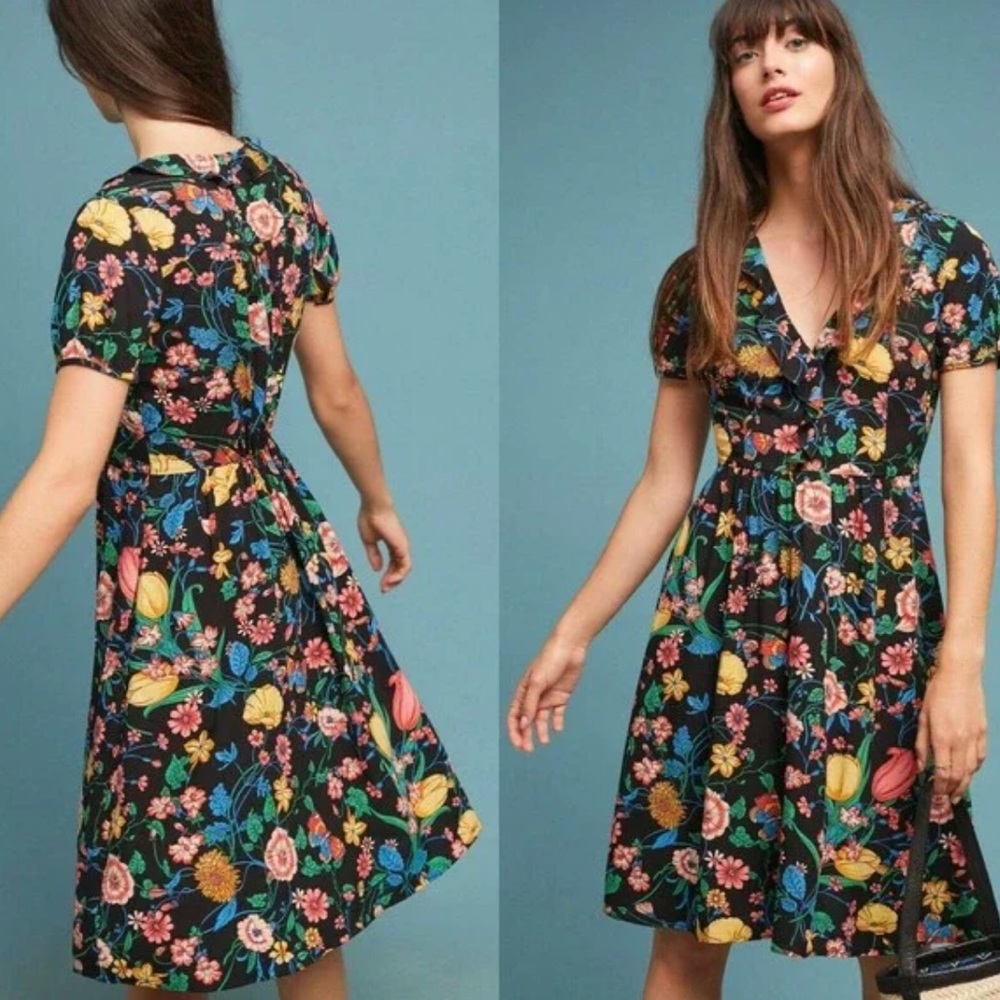 Maeve by Anthropology Bloedel Black Floral Dress Size 6P